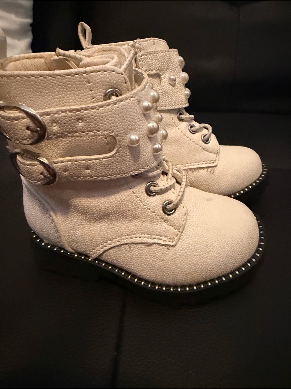 Self Esteem Cream Pearl-Trim Lace-Up Girls' Boots
